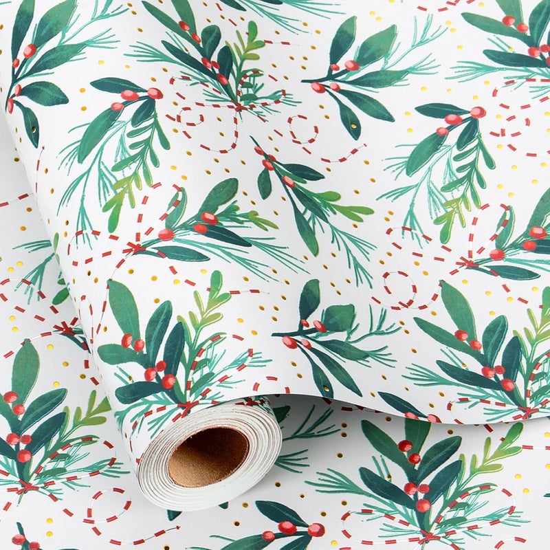 Retrify White Wrapping Paper Roll - Cute Red Berry and Green Leaves Mini Roll Foil Gift Wrap Paper for Christmas Holiday Festive Decoration - 17 Inches x 32.8 Feet - Image 1